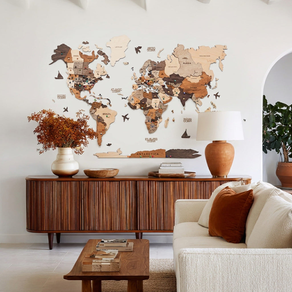 3D Wooden World Map Multicolor
